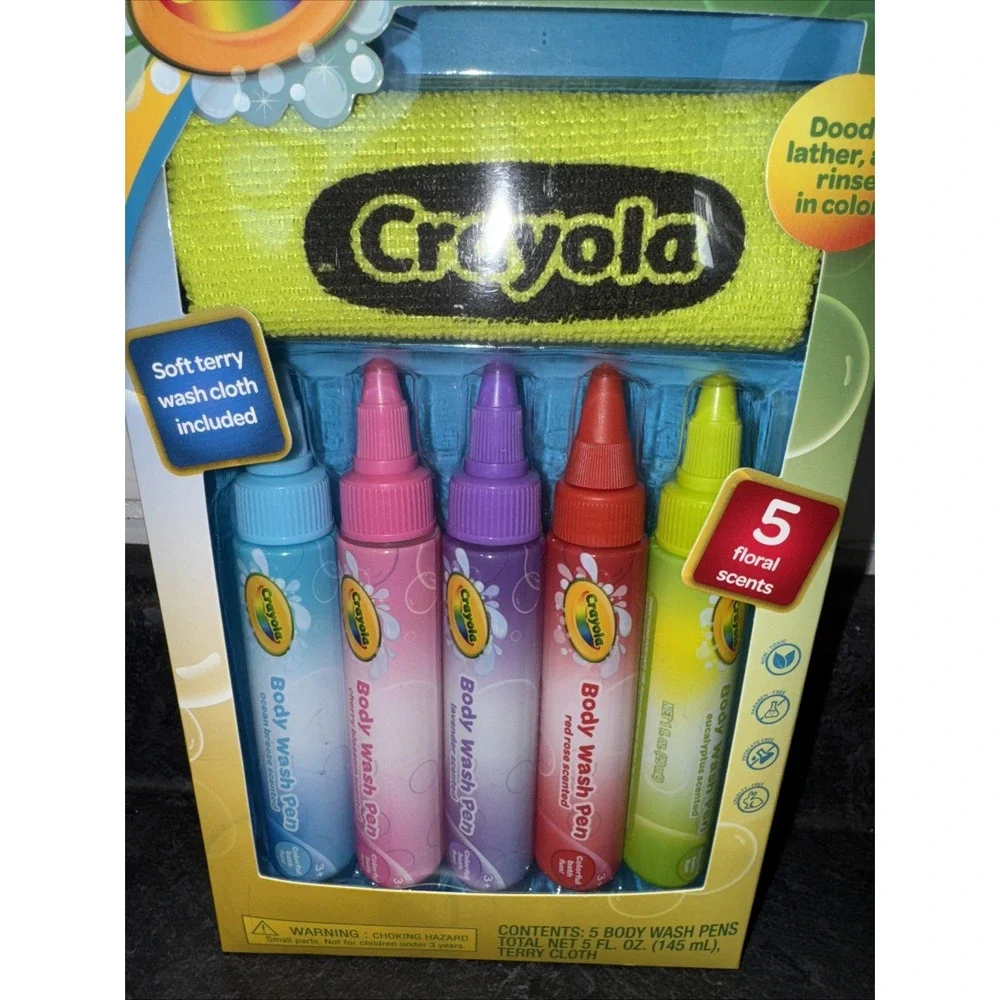 Crayola Bathtub Body Wash Pen Set 5 Pens 5 Floral Scents + Terry Washcloth NEW
